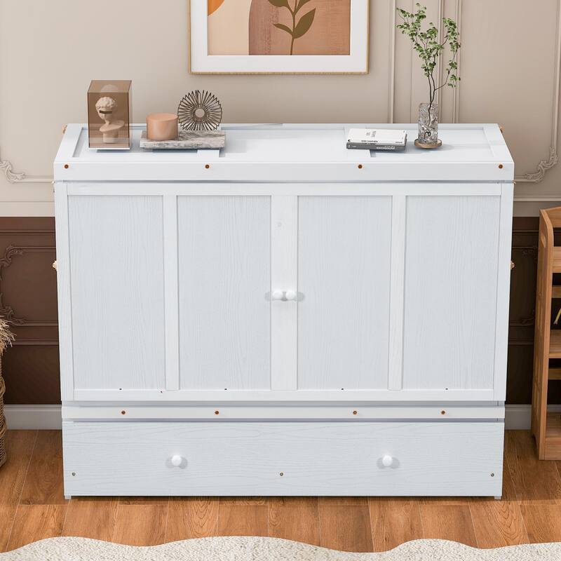 Queen Size Murphy Bed Cabinet with USB Charging Ports and Storage Drawer, Foldable Space-Saving Design with Pine Wood Frame