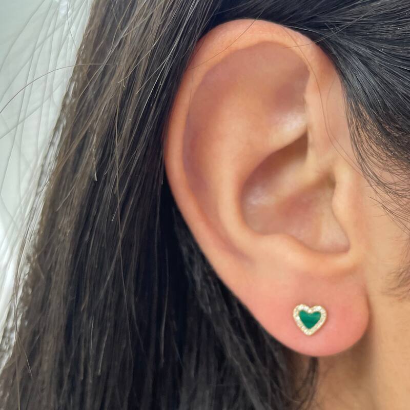 Joelle Collection Heart Shaped Stud Earrings Green Malachite & Diamonds 14K Gold