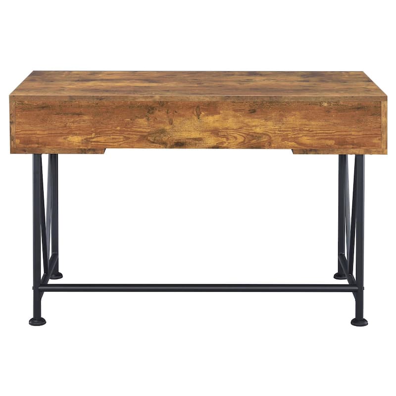 Farmhouse 3-Drawer Writing Desk with Metal Accents, Brown Wood Finish and Industrial Design for Home Office