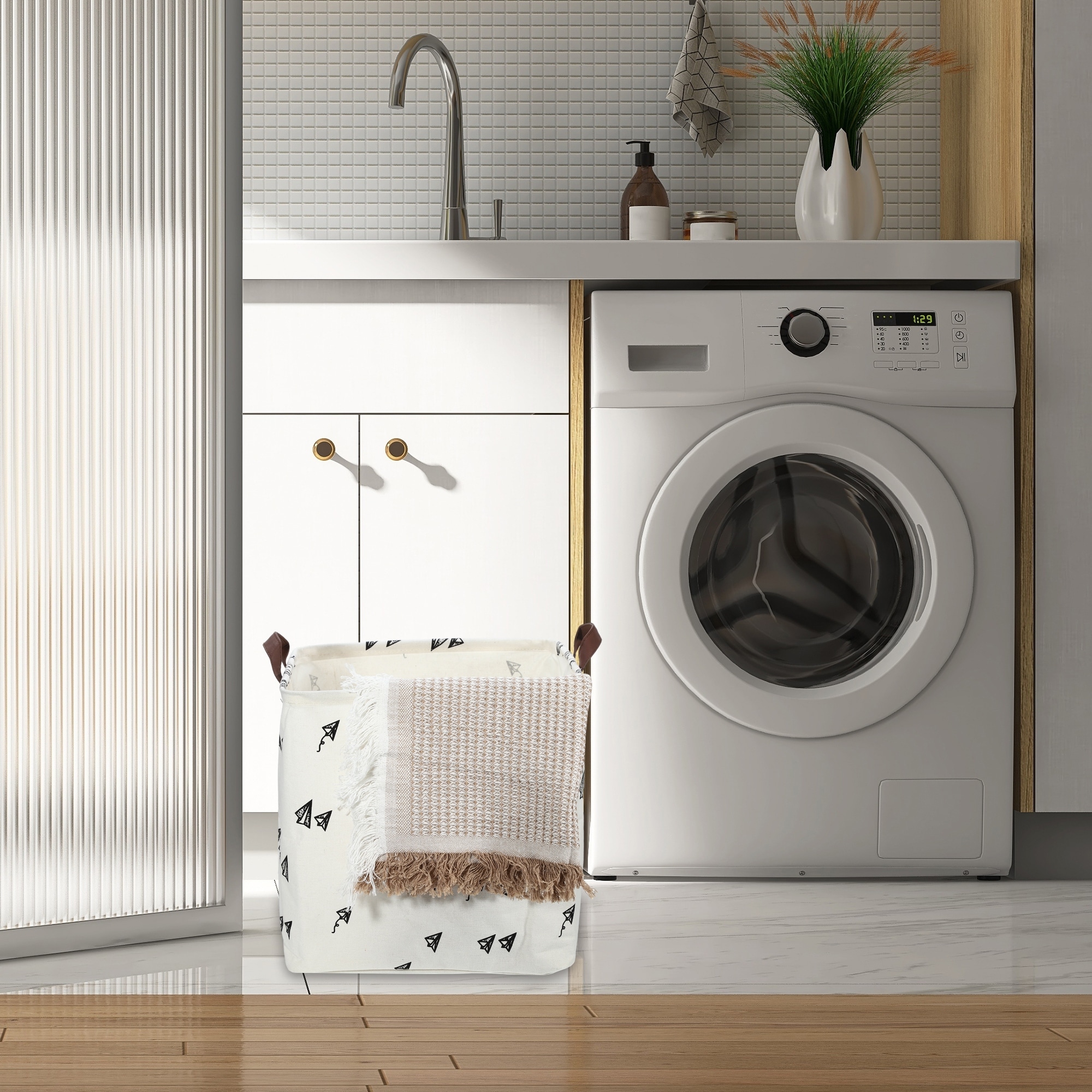 Foldable Square Laundry Basket for Laundry Room 12.60"x12.60"x12.60" 30L Black White 1 Pcs Airplane - Black White