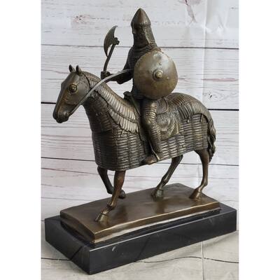 Medieval European Warrior Knight On Horseback Bronze Sculpture Statue On Marble Base