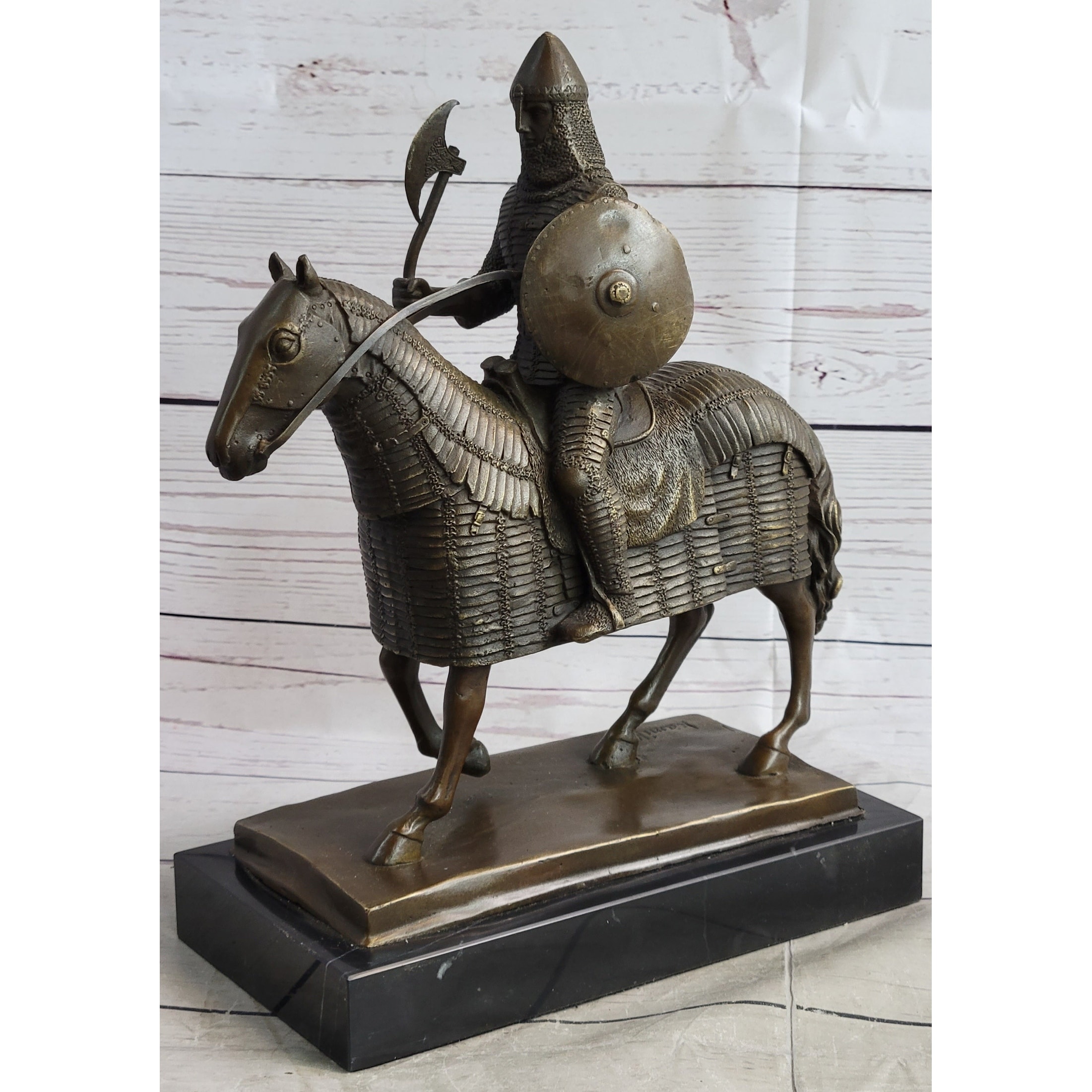 Medieval European Warrior Knight On Horseback Bronze Sculpture Statue On Marble Base