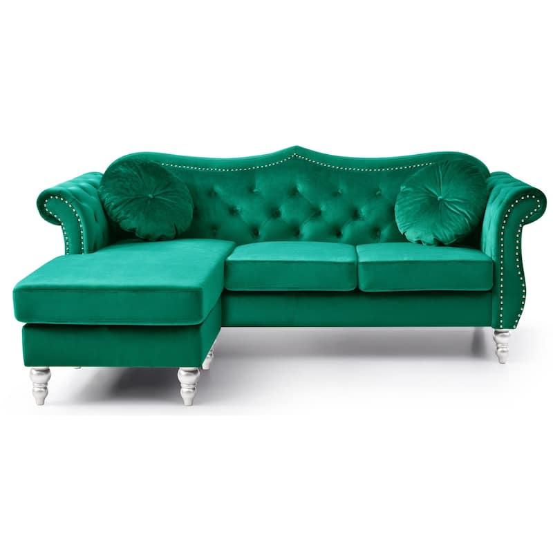 Hollywood 81 in. Velvet Chesterfield Sectional Sofa with 2-Throw Pillow - 81"L x 35"W x 34"H
