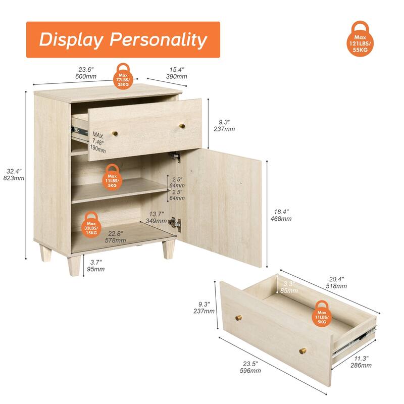 Large Nightstand with Drawer and Cabinet for Bedroom