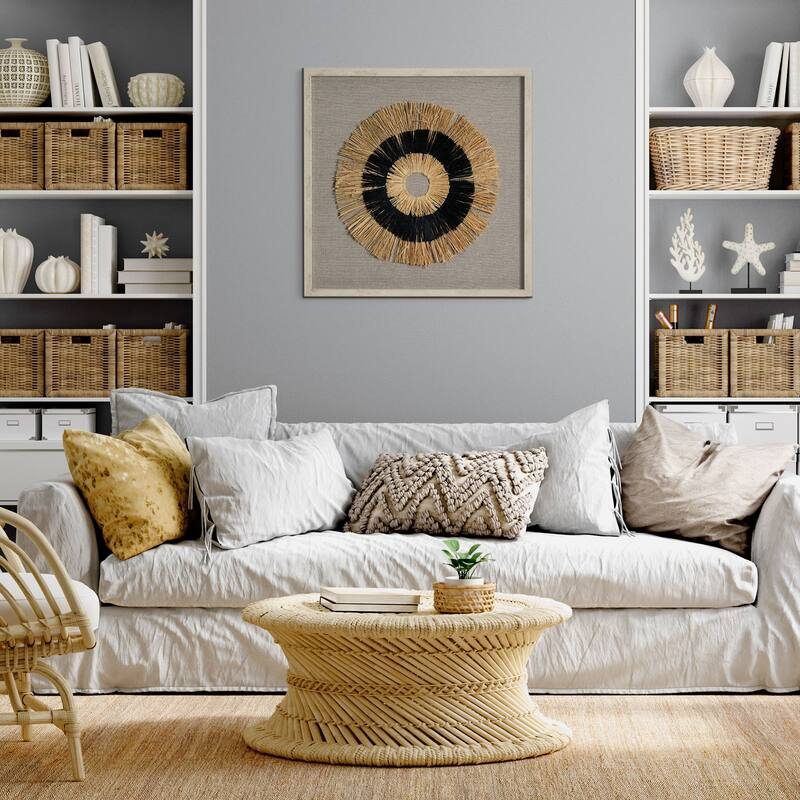 Handmade Framed Natural Straw and Linen Wall Art Decor - 23.5" x 23.5" - 23.5" x 23.5" - 23.5" x 23.5"