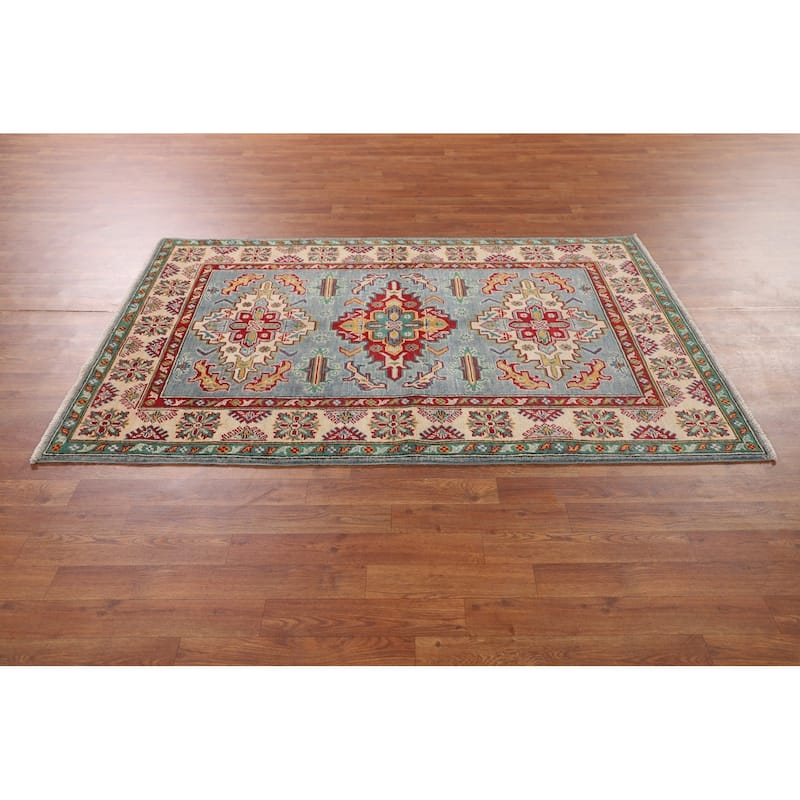 Light Blue Oriental Kazak Area Rug Hand-Knotted Wool Carpet - 4'0" x 6'0"