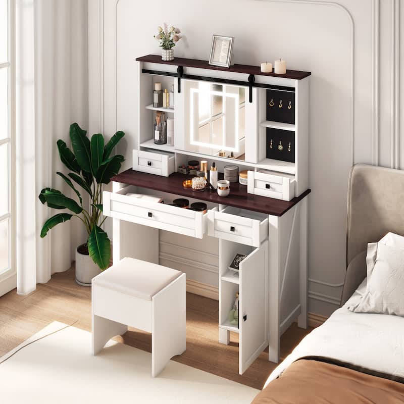 Farmhouse Makeup Vanity with Mirror and Lights