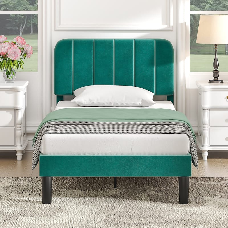 VECELO Velvet Upholstered Bed Frame with Vertical Channel Tufted Headboard, Adjustable Headboard, Wooden Slats Support