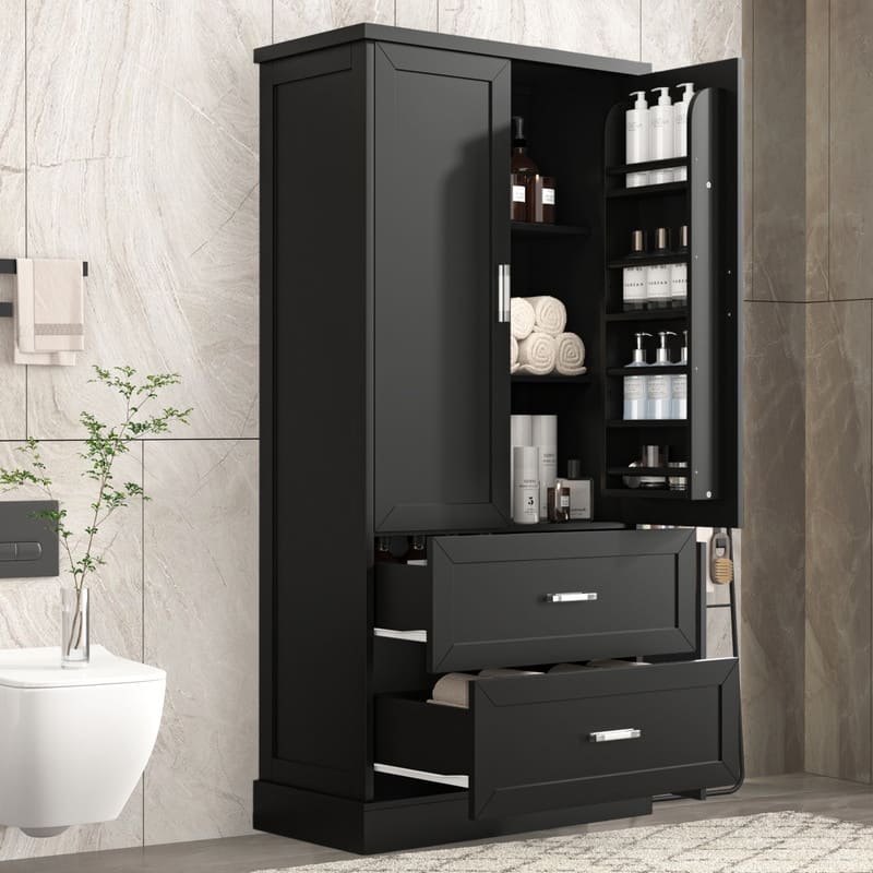 Tall Bathroom Storage Cabinet, Freestanding Floor Cabinet with Two Doors and Drawers, Adjustable Shelf - Black