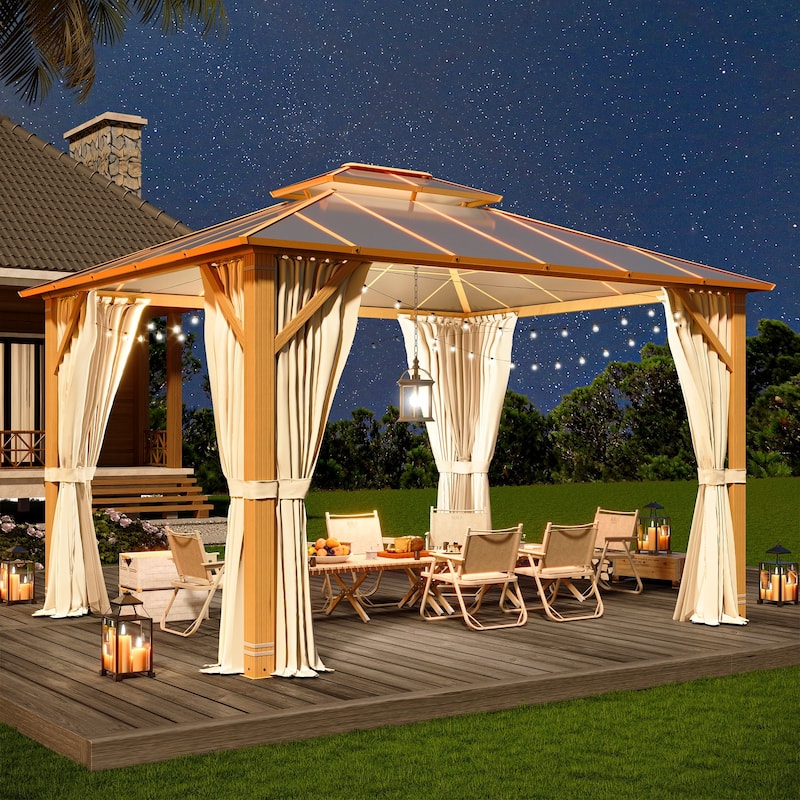 EROMMY Hardtop Gazebo, Waterproof Aluminum Pavilion with Netting & Curtains for Patio, Garden - 10'x12' - Wood Grain Finish