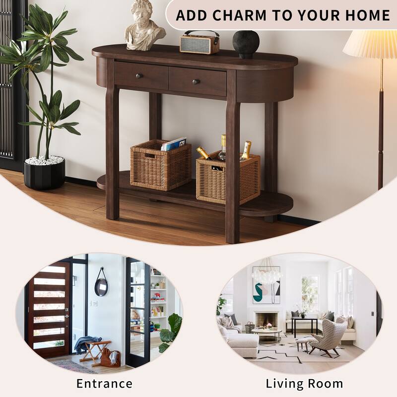 Curved Console Table with 2 Storage Drawers and Metal Handles, Wooden Hallway Tables Entryway Table wOpen Storage Shelf