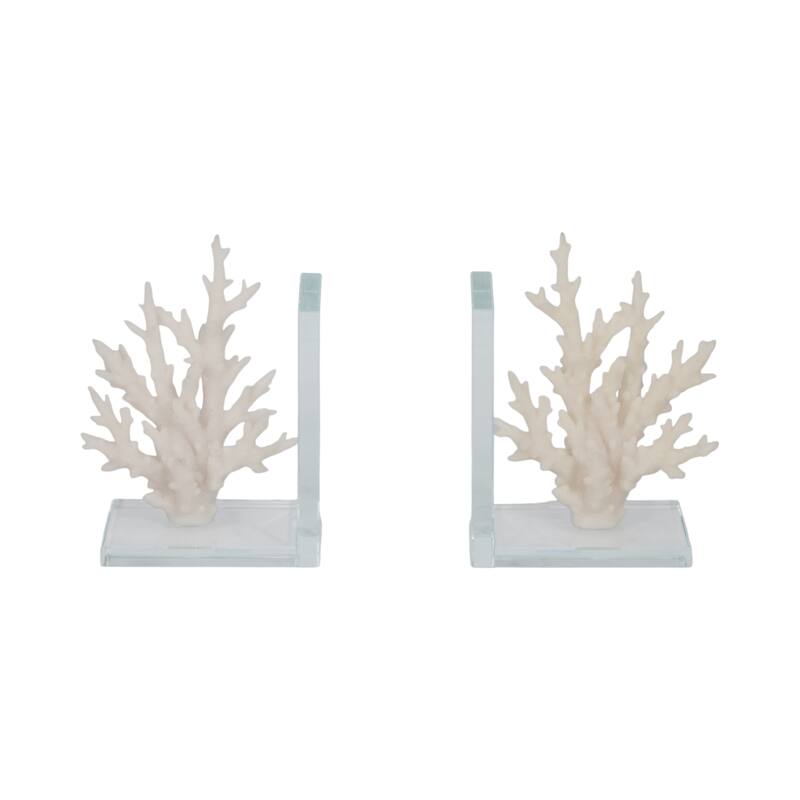 Decorative Costal Coral Accent on Glass Base Bookends - 7", White - 7.25"