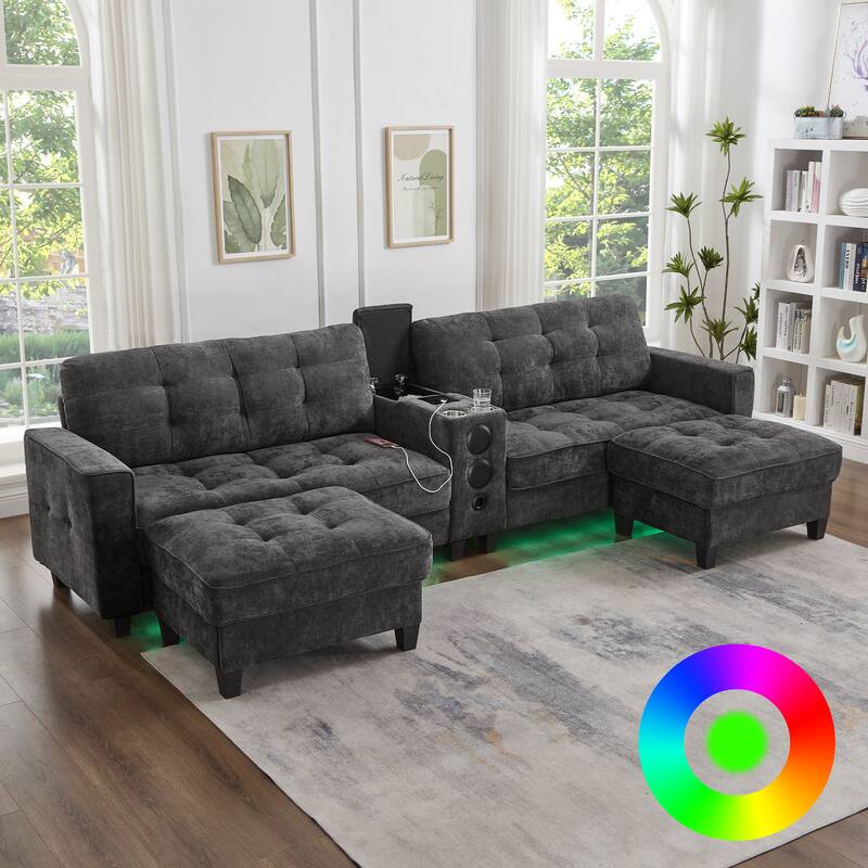 Roomfitters 126 Inch U-Shaped Modular Sectional Sofa with Storage Ottomans and Bluetooth Console