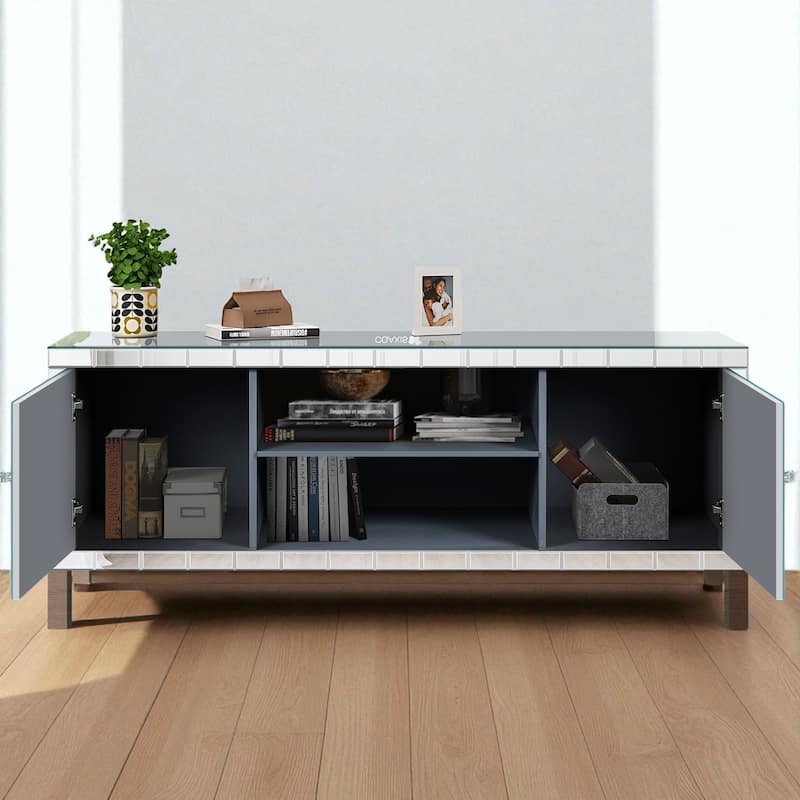 Mirrored TV Stand for 65+ Inch TVs, Silver Console Table with M-Shape Sparkling Mirror Doors & Storage Cabinets