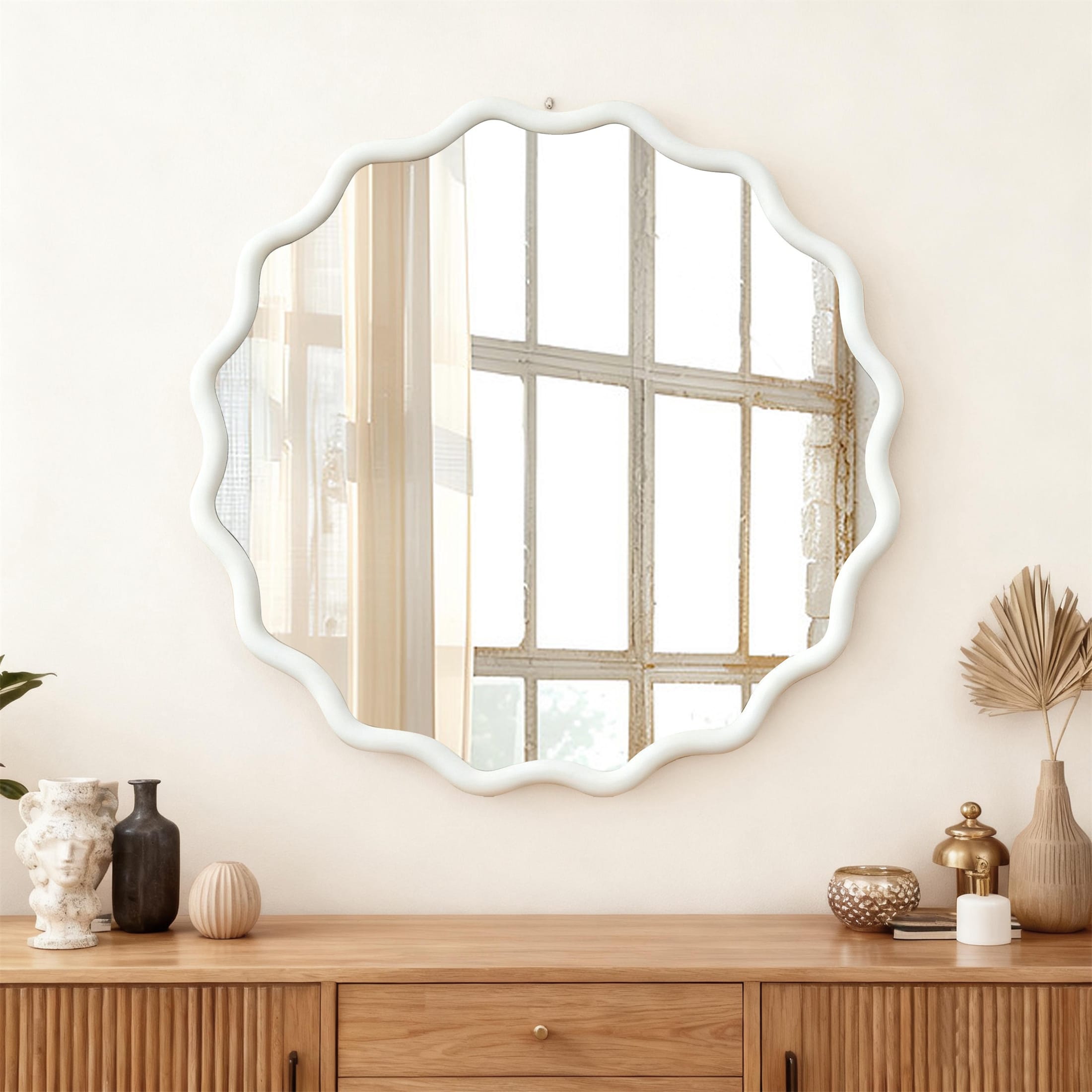 30 inch Wavy Round Solid Wood Frame Decorative Mirror
