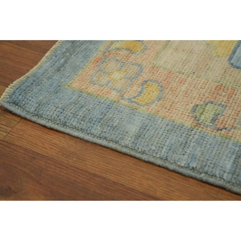 Floral Blue Wool Oushak Vegetable Dye Area Rug, Floral Geometric Carpet - 12' 4'' X 9' 4''