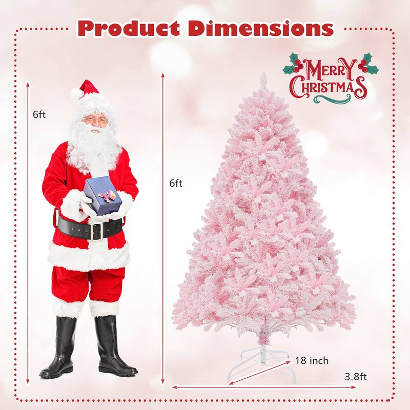 Gymax 6FT Pink Artificial Christmas Tree Pre-lit Hinged Snow Flocked
