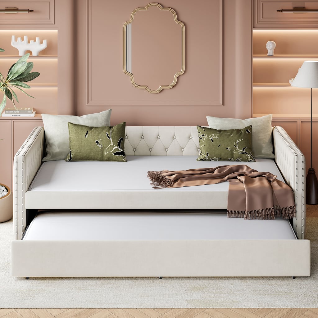 Full Size Linen Fabric Daybed with Button and Copper Nail on Square Arms, Upholstered Tufted Sofa Bed with Twin Trundle