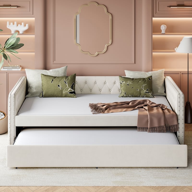 Full Size Linen Upholstered Daybed with Twin Trundle - Tufted Sofa Bed and Copper Nail Trim