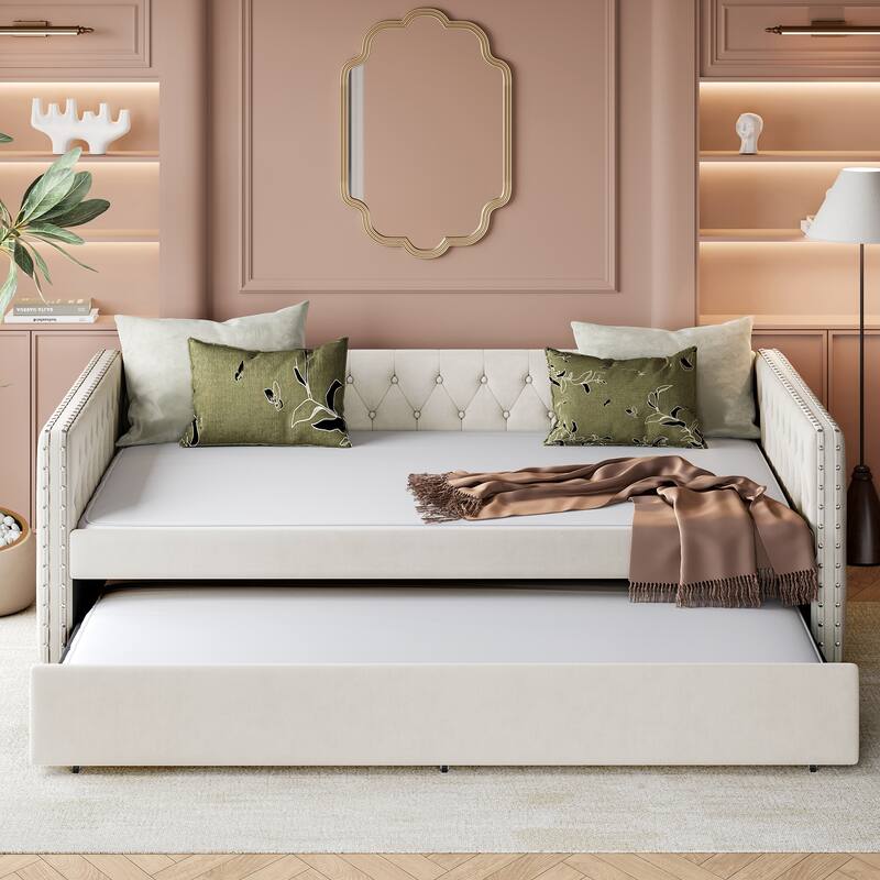 Full Size Upholstered Daybed with Trundle, Tufted Sofa Bed with Rivet-Trimmed Arms and Button Detail