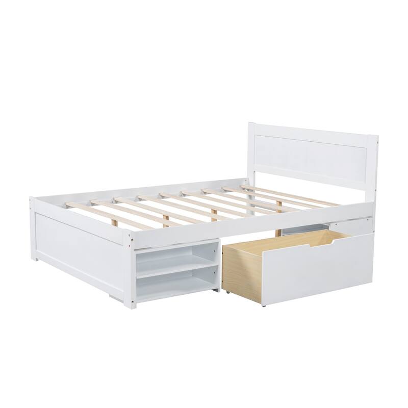 Platform bed with drawers and two shelves