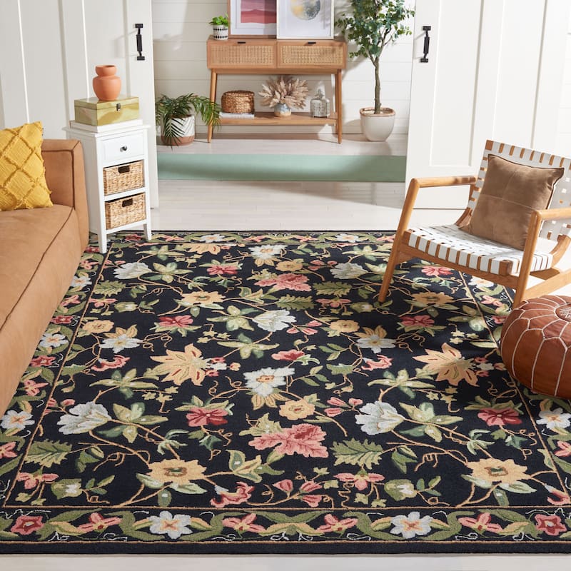 SAFAVIEH Handmade Chelsea Rubi French Country Floral Wool Rug - 8' Square - Black - Square