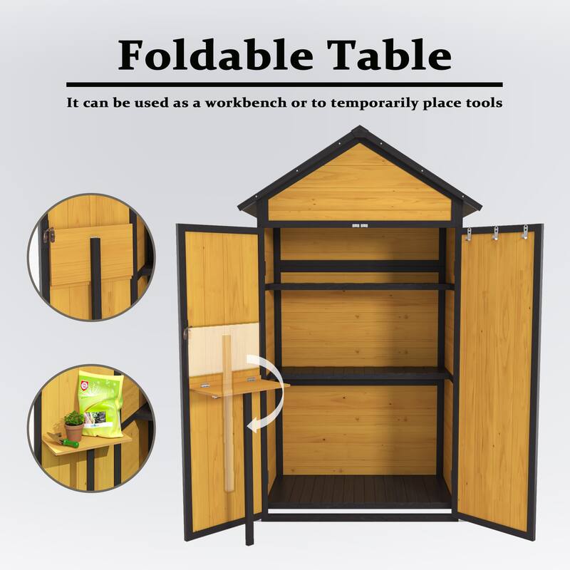 Wood Storage Cabinet Shed with Foldable Table & Removable Shelves Garden Tool Shed, Hooks, Lockable Doors