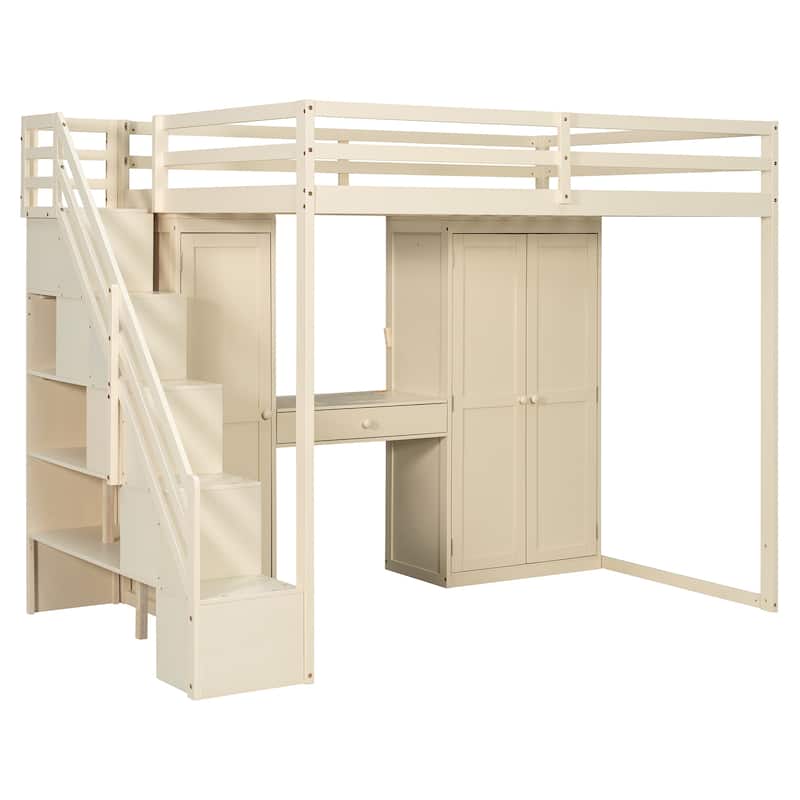 Full Size Loft Bed with Storage Staircase, Built-in Dressing Table, Mirror & Wardrobe - USB Charging & Lights