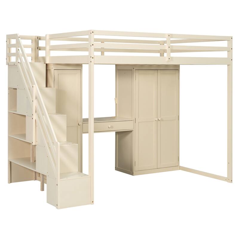 Roomfitters Full Size Loft Bed with Wardrobe, Dressing Table and Storage Staircase