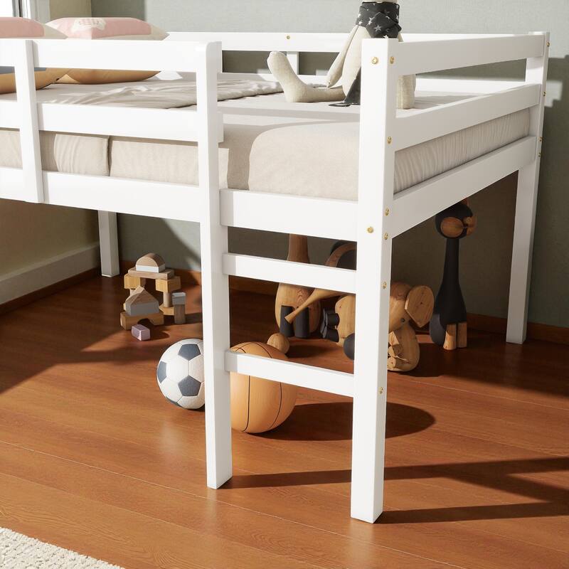 Full Size Loft Bed with Ladder, Solid Rubber Wood Frame Low Height Design with Guard Rails and Under-Bed Storage Space