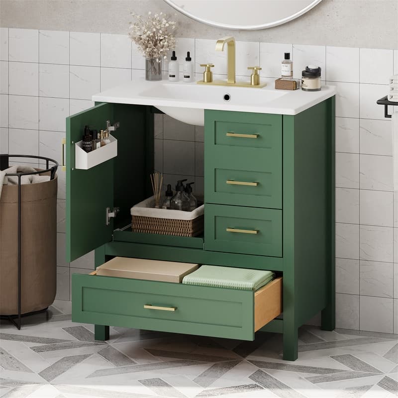 30'' Bathroom Vanity with Ceramic Sink, Freestanding Bathroom Vanity Cabinet with Soft Close Door, 3 Drawers and Removable Tray
