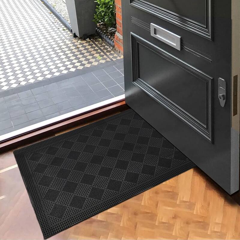 Outdoor Mat Drew Checkerboard Rubber Rug 24x16 Inch Black