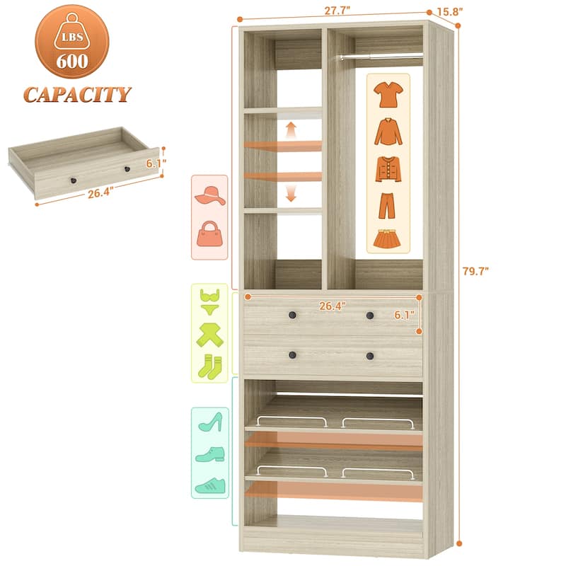 27.7'' Closet Organizer with Shoe Racks and Drawers, Closet System with Hanging Rod and Adjustable Shelves