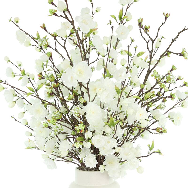 Cherry Blossoms Arranged in Ridged Ceramic Vase - White, Cream