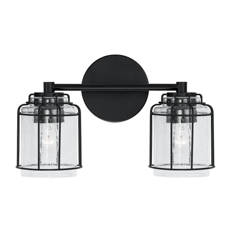 Harmon Matte Black Bath/ Vanity Fixture w/ Clear Seeded Glass & Metal Cage