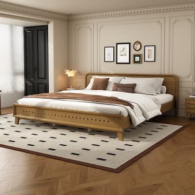 PINE SOLID WOOD KING SIZE BED, SOLID AND STABLE, NO BOX SPRING NEEDED, Rustic Yellow