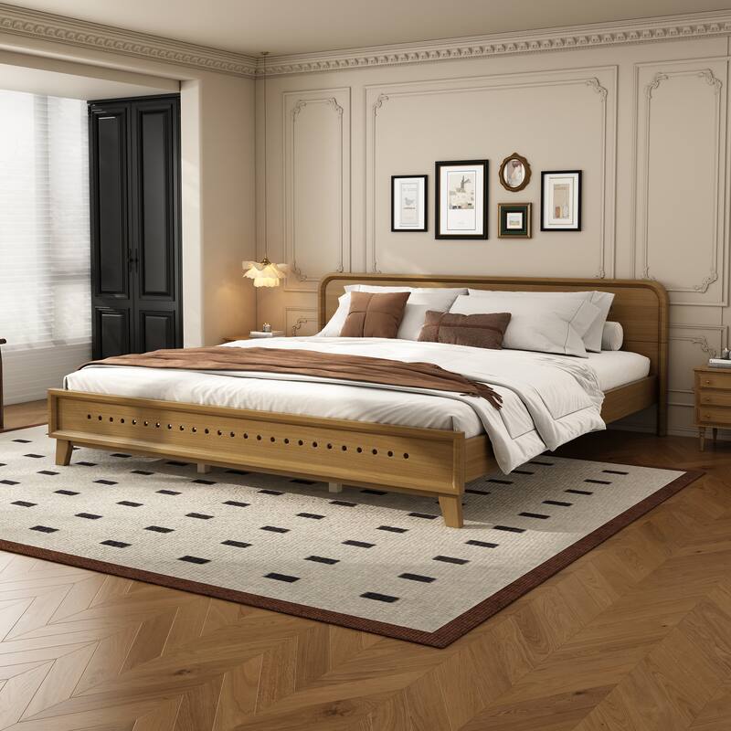 Rustic Pine Wood Bed Frame Low-Profile Platform Bed with Panel Headboard Solid Wood Slat Support and Extra Wide Thickened Legs - Rustic Yellow - King