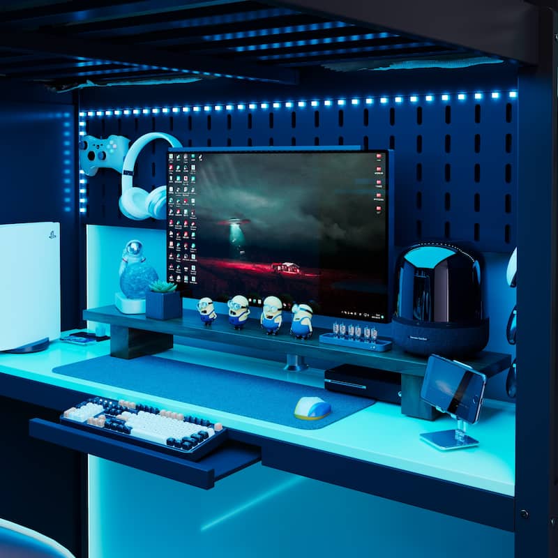 Full Size Wood Loft Bed with, Wardrobe, Shelves, Blackout Curtains, and RGB Lights