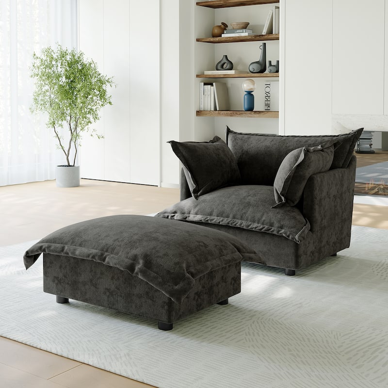 39"W Oversized Chenille Comfy Cloud Chaise Lounge with Ottoman - Dark Grey