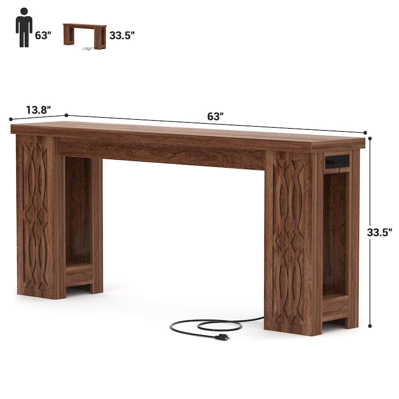 63" Farmhouse Console Table with RGB LED Lights ＆ Power Outlets, Unique Carved Design Entryway Table, Wooden Sofa Table
