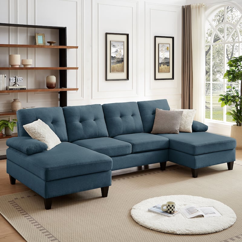 4 Seat U Shaped Sectional Sofa Couch with Double Chaise for Living Room