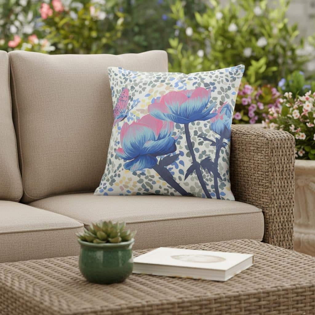 HomeRoots 18" x 18" Pink Butterfly Blown Seam Floral Indoor Outdoor Throw Pillow - 18.00' X '5.00' X '18.00