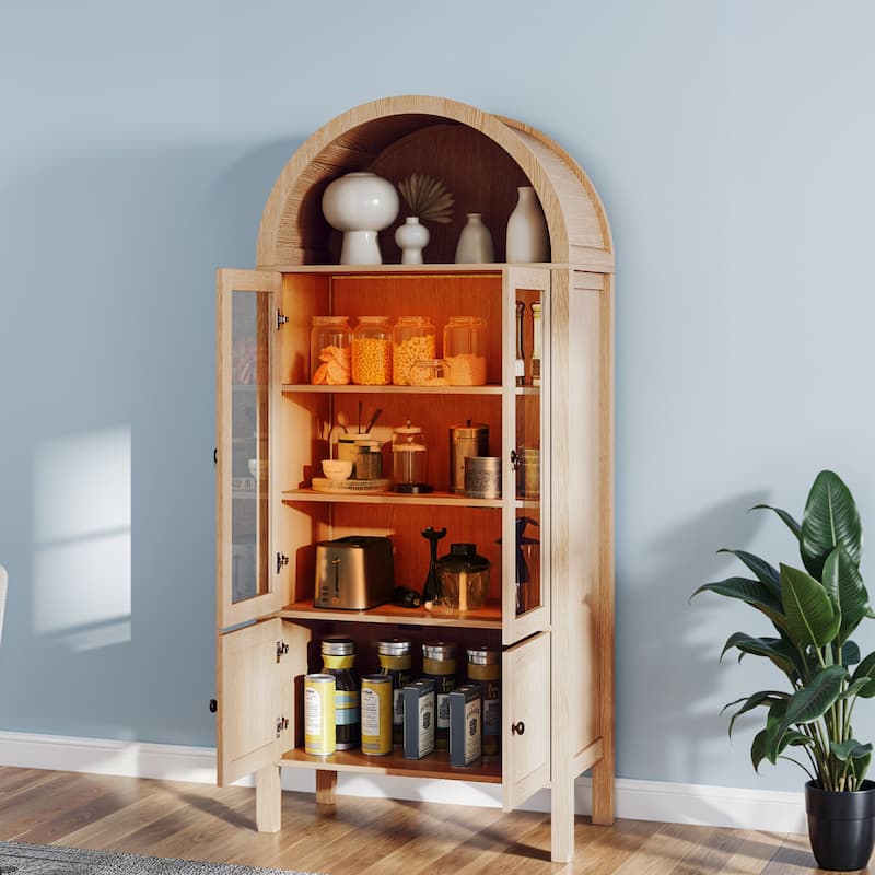 Modern 71" Tall Arched Kitchen Pantry Cabinet with LED Light,Bookcase Cabinet with Storage and Glass Doors