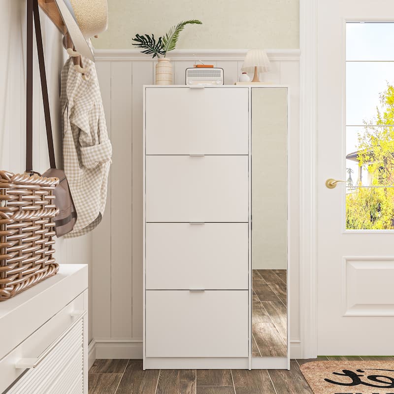 White Shoe Cabinet with Full-Length Mirror Stylish Vertical Storage