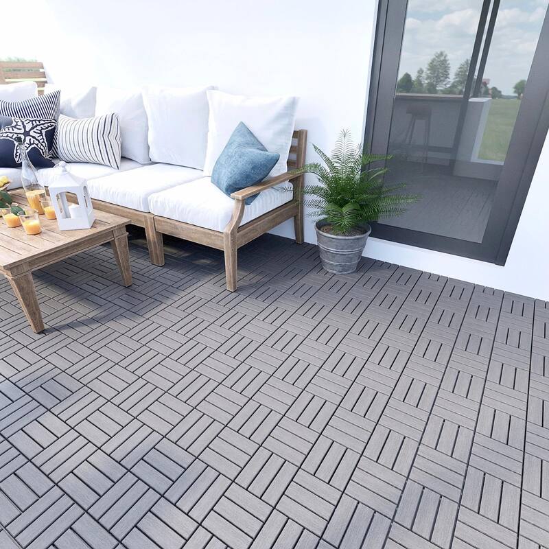 10 PCS Interlocking Deck Tiles Checker Pattern, 12" x 12" Light Gray Square Acacia Hardwood Outdoor Flooring
