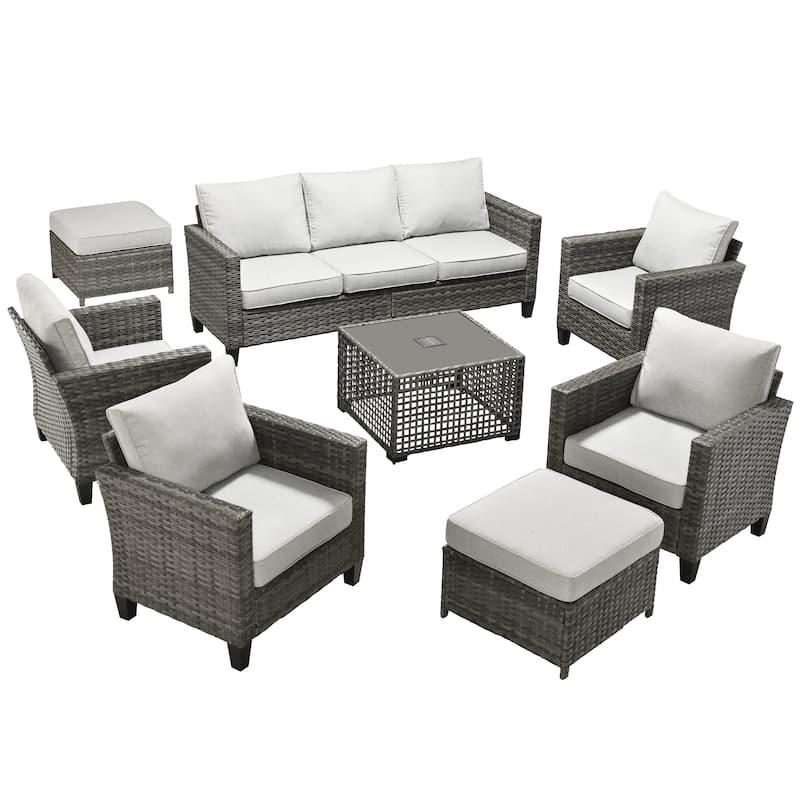 OVIOS 8 Pieces Outdoor Wicker Sectional Set With Solar-Powered CoffeeTable