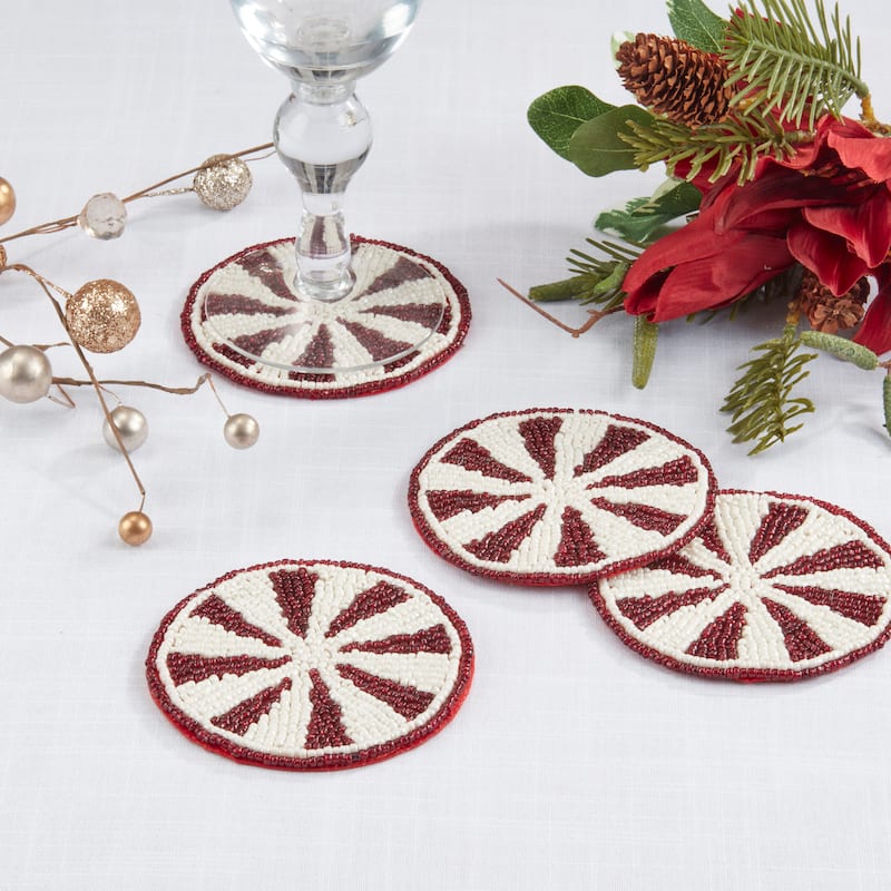 Holiday Peppermint Beaded Coaster (Set of 4) - 4"