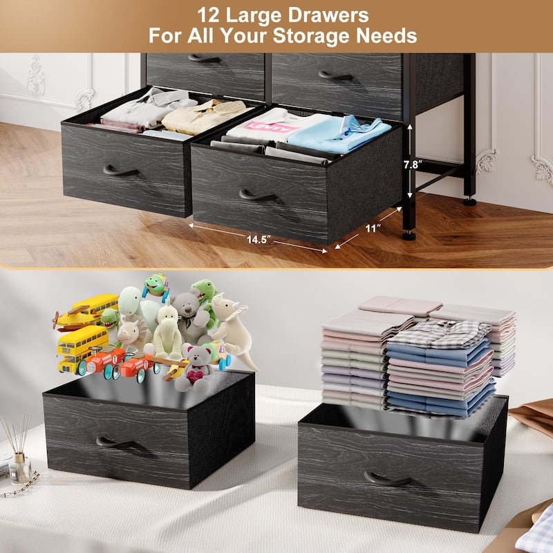12 Drawer Dresser Tall Fabric Chests of Drawers Closet for Bedroom