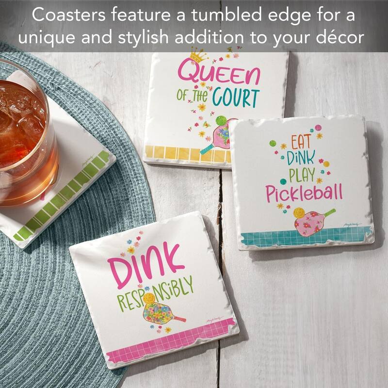 Pickleball 4-Pack Tumbled Tile Stone Coasters with Protective Cork Backing 4" Square Made in The USA Artistic Absorbent