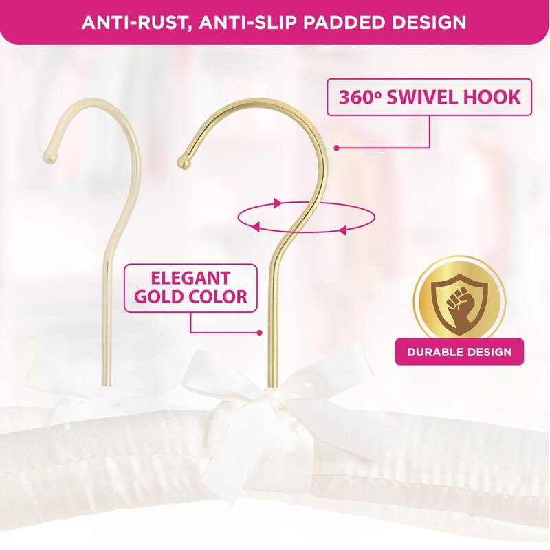 Premium Heavy Duty Thick Satin Padded Hangers Anti Slip - Ivory, Set of 12